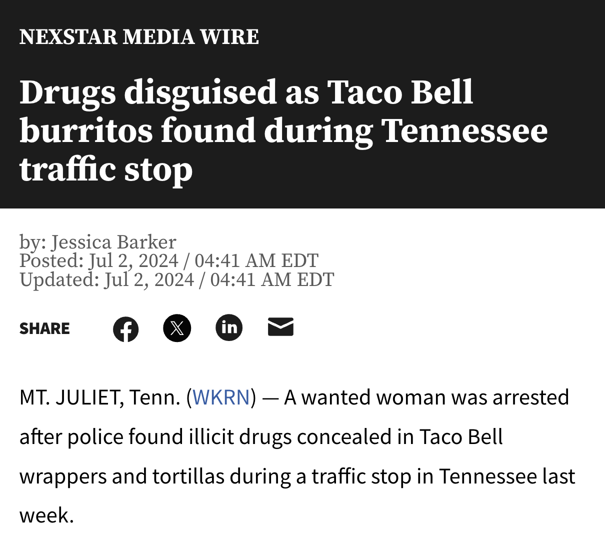 screenshot - Nexstar Media Wire Drugs disguised as Taco Bell burritos found during Tennessee traffic stop by Jessica Barker Posted Edt Updated Edt Ff X in Mt. Juliet, Tenn. Wkrn A wanted woman was arrested after police found illicit drugs concealed in Tac